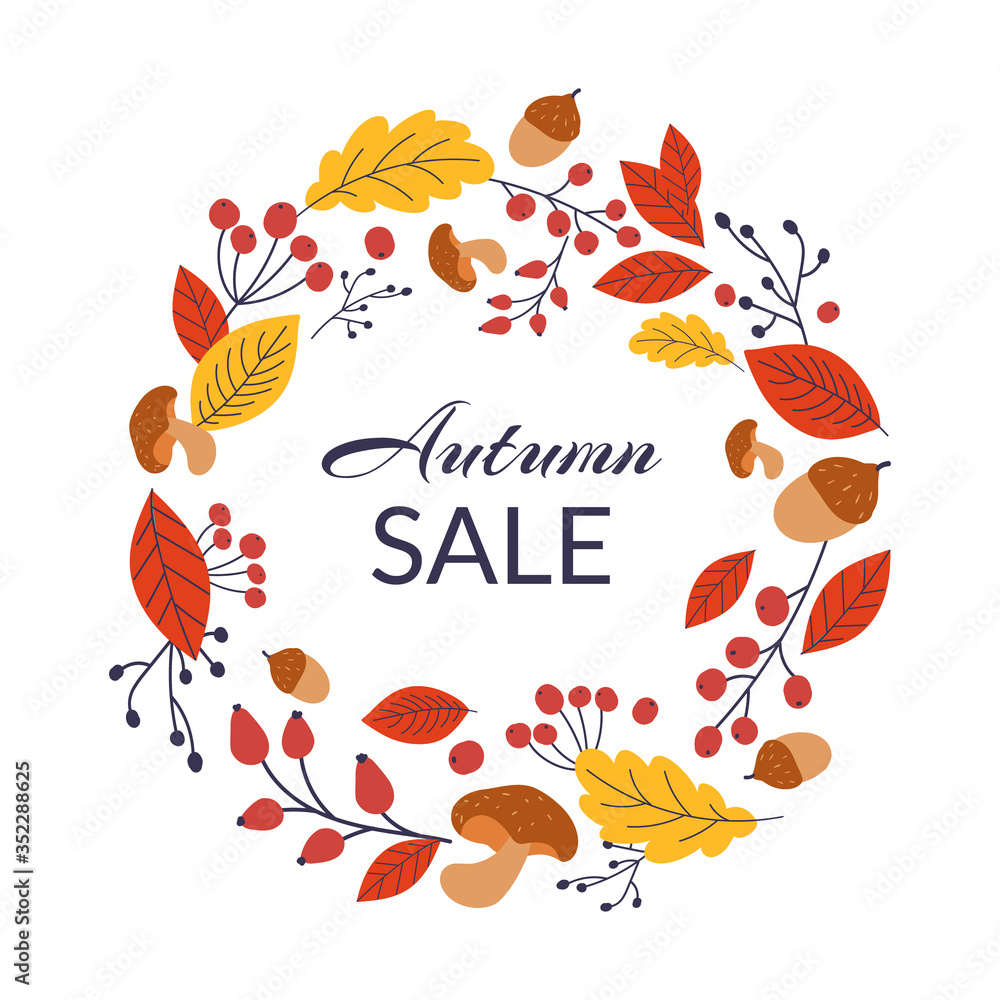 Banner for autumn sale in frame from leaves. Vector illustration, Hand-drawn style, inscription. Wreath isolated on white background.