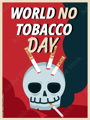 World no tobacco day poster or banner. Smoking skull with cigarettes. Stop smoking and awareness healthcare concept. Vector illustration in flat style.