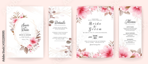 Set of wedding invitation template with brown floral frame & border. Flowers decoration vector for save the date, greeting, details, menu, etc