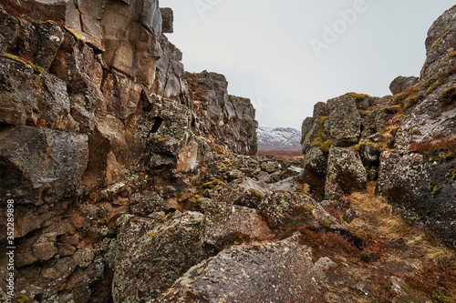 Thingvellir landscape, fault lines making rift valleys as a result of continental drift photo