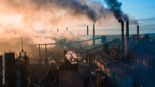 industry metallurgical plant dawn smoke smog emissions bad ecology aerial photography