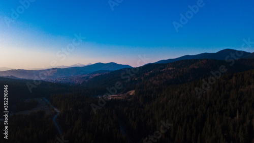 Carpathian mountains landscape pine forest needles aerial photography.