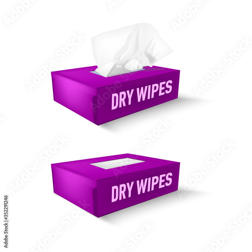 purple box with disposable paper napkins. Vector dry wipes open and close