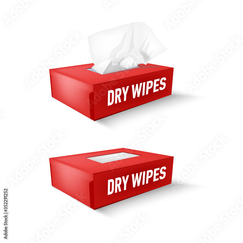 red box with disposable paper napkins. Vector dry wipes open and close
