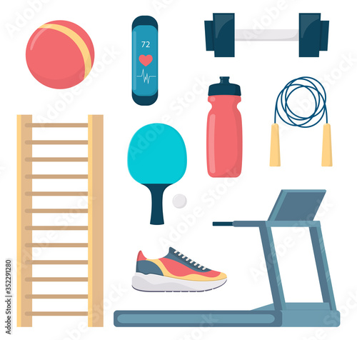 Fitness equipment set, flat style vector illustration.