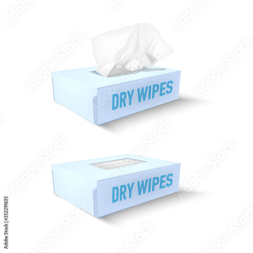white box with disposable paper napkins. Vector dry wipes open and close