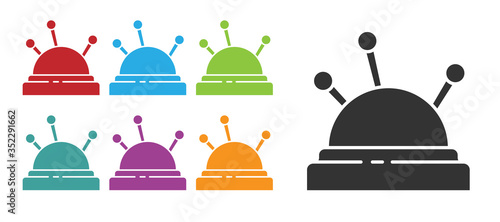 Black Needle bed and needles icon isolated on white background. Handmade and sewing theme. Set icons colorful. Vector