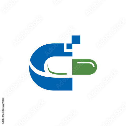 Letter C Pill or Capsule Logo Design. Initial Geometric Medicine Vector Graphic. 