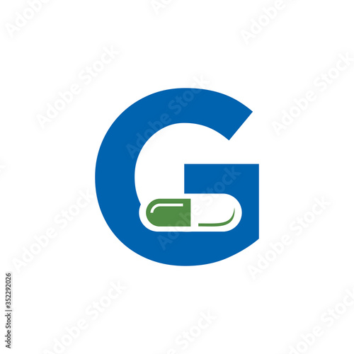 Letter G Pill or Capsule Logo Design. Initial Geometric Medicine Vector Graphic. 
