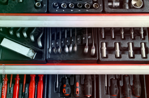 various tools in drawers with copy space
