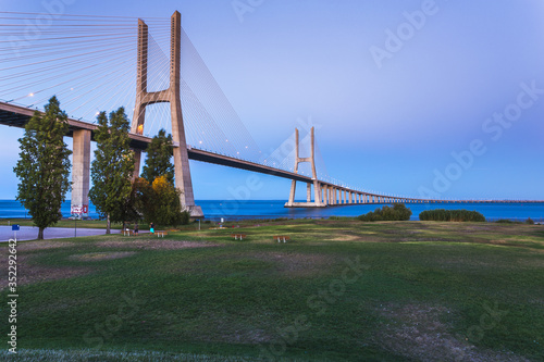 Vasco da Gama bridge over the Rio Tejo river in the Parque das Nações park, site of the Expo 98, Lisbon, Portugal, Europe