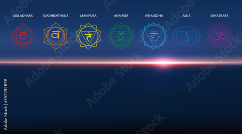Vector abstract aerial panoramic view of sunrise over ocean with chakras icon set: muladhara, swadhisthana, manipura, anahata, vishuddha, ajna, sahasrara. Illustration of meditation and relaxation.