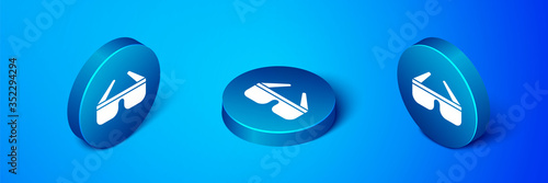 Isometric 3D cinema glasses icon isolated on blue background. Blue circle button. Vector