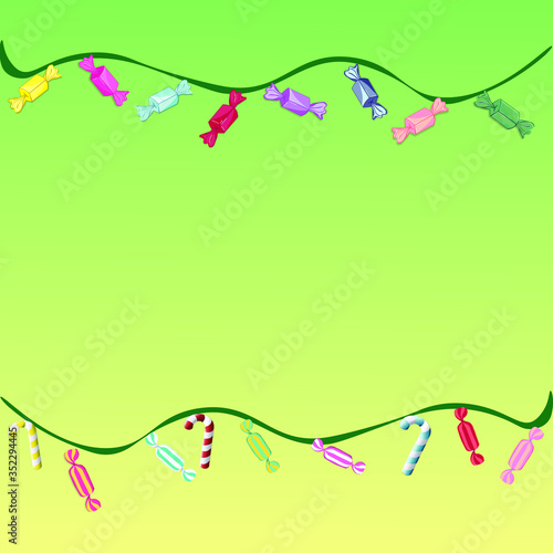 the colorful candy pattern on green and yellow background with different flavors. Tasty candy set for summer decorative, sweets, dessert, snack, web design or print. Vector Illustration.