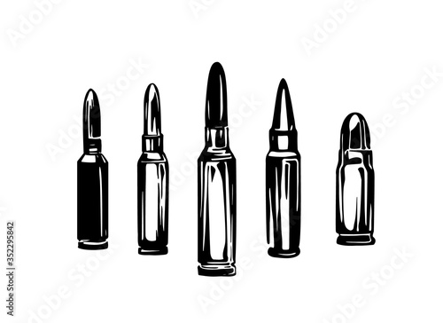 Tableau sur toile Hand drawn cartridge set, ink drawing sketch weapon bullets vector, black isolated live ammunition illustration on white background