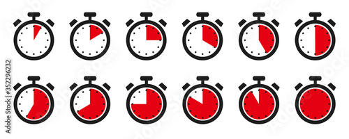 Timer, clock, stopwatch isolated set icons with different time. Sport clock with red colored time meaning. Label cooking symbols - stock vector