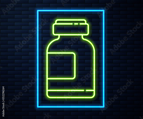 Glowing neon line Sports nutrition bodybuilding proteine power drink and food icon isolated on brick wall background. Vector