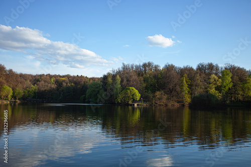 beautiful park with trees and a lake, a place for a quiet walk in a bustling city