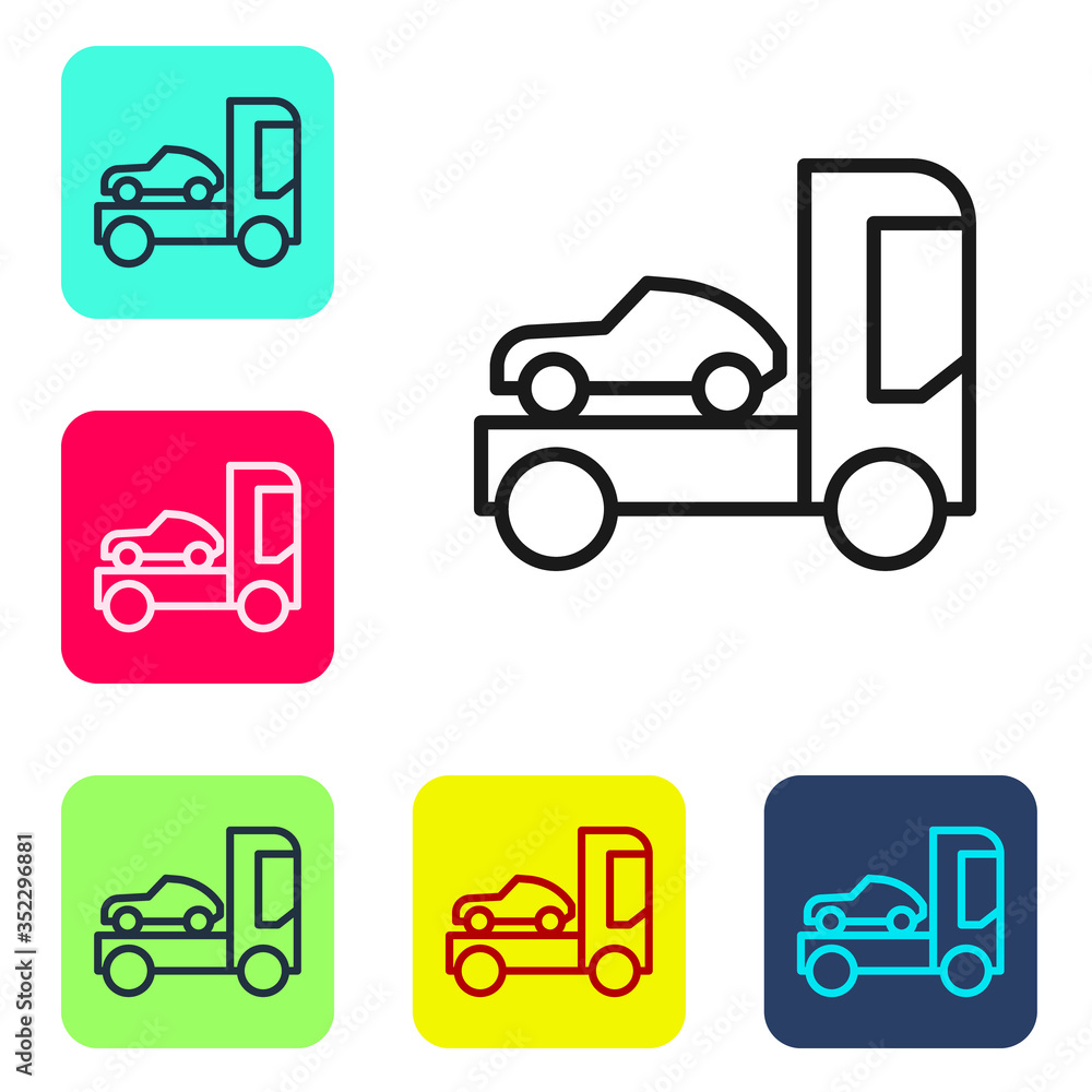 Black line Car transporter truck for transportation of car icon isolated on white background. Set icons in color square buttons. Vector