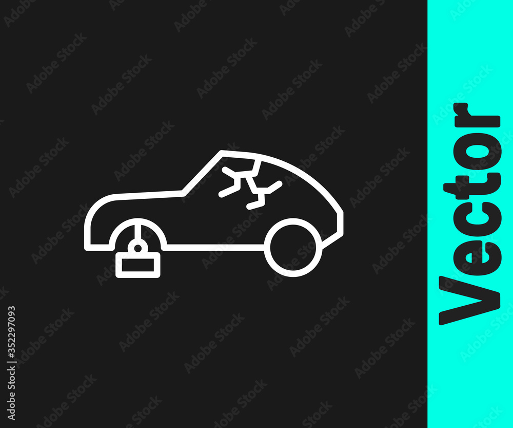 White line Broken car icon isolated on black background. Car crush. Vector White line Broken car icon isolated on black background. Car crush. Vector