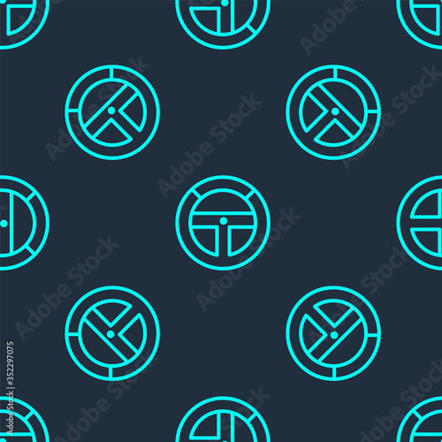 Green line Steering wheel icon isolated seamless pattern on blue background. Car wheel icon. Vector