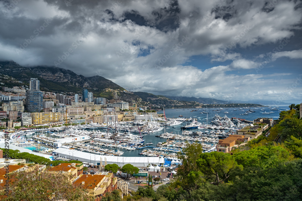 Monaco, Monte-Carlo, The famous place in Monaco - port Hercules, view from old town, a lot of boat, mega yachts and sail boats