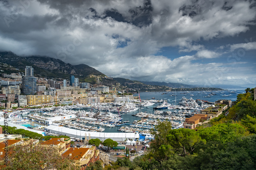 Monaco, Monte-Carlo, The famous place in Monaco - port Hercules, view from old town, a lot of boat, mega yachts and sail boats