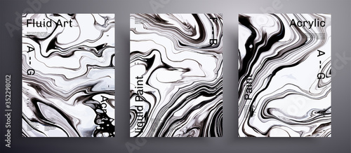 Abstract liquid banner, fluid art vector texture set. Artistic background that can be used for design cover, invitation, presentation and etc. Black and white unusual creative surface template