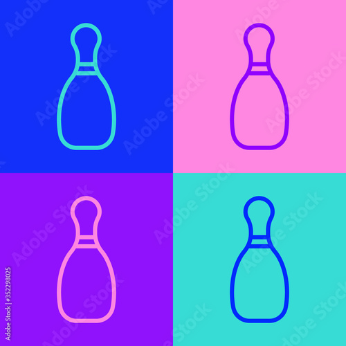 Pop art line Bowling pin icon isolated on color background. Vector