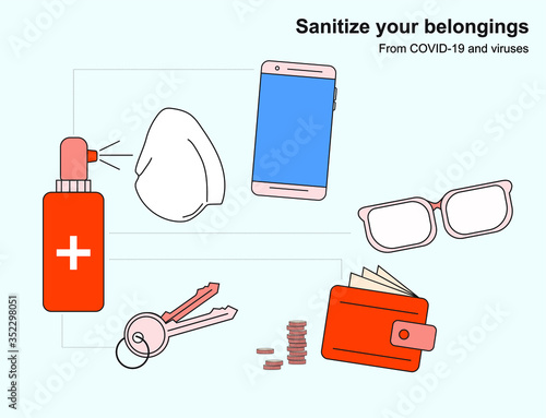 Instructions for the disinfection of personal items with viruses and Covid-19 are a phone, keys, money, a wallet and glasses. A color poster that displays these items.