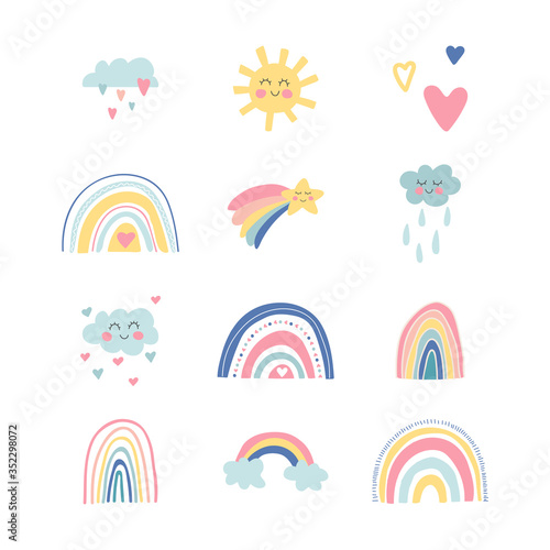 Cute kids nursery set. Hand drawn rainbows, sun, funny clouds, stars, hearts. Sky background. Baby shower. Lovely cartoon rainbows for wallpaper, fabric, wrapping, apparel. Vector illustration