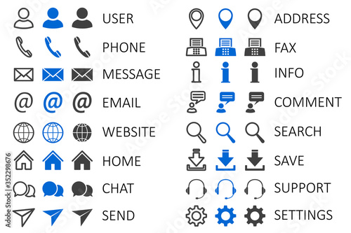 Set black, blue and line contact icons with the names, communication signs - stock vector