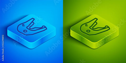 Isometric line Motocross motorcycle helmet icon isolated on blue and green background. Square button. Vector