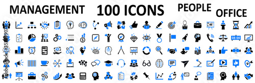 Set of 100 management web icons: manager, teamwork, strategy, marketing, business, planning - stock vector
