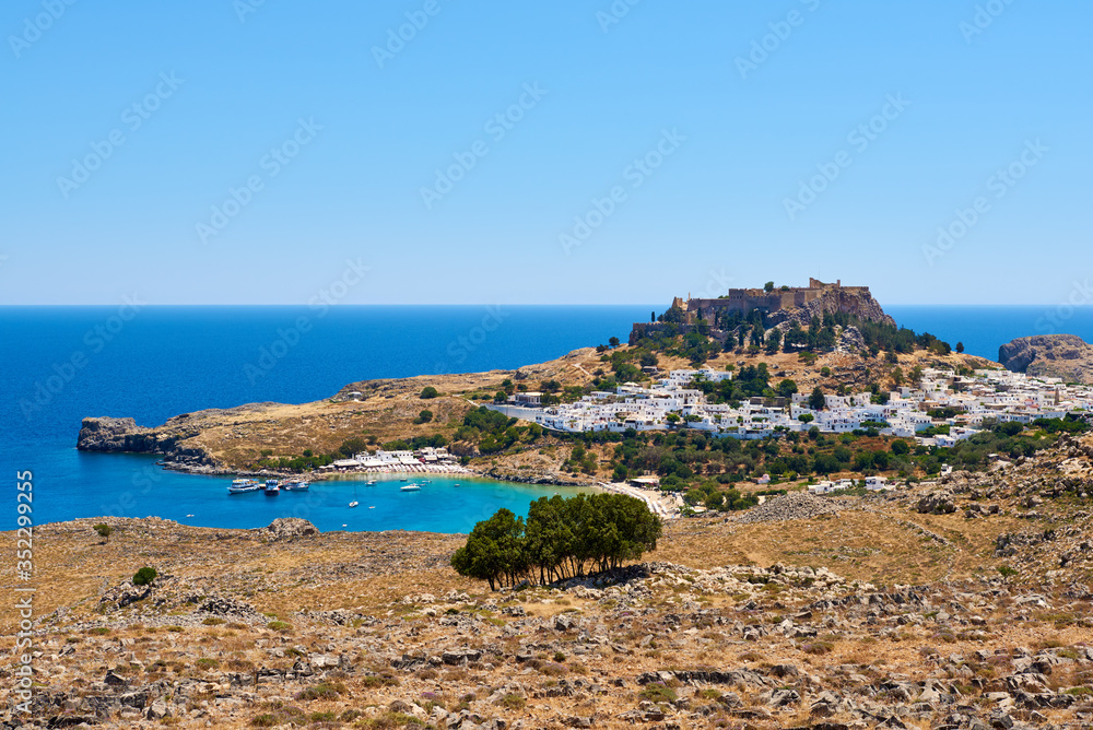 Lindos village with the Acropolis on the hill. Rhodes, island, Greece