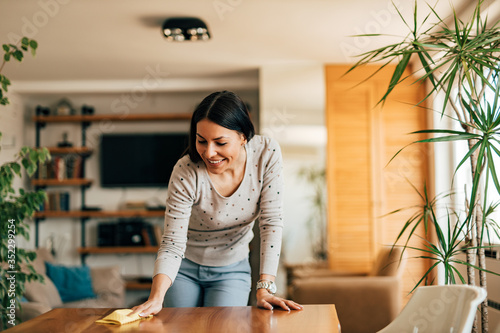 Beautiful woman doing housework, wiping table, portrait.