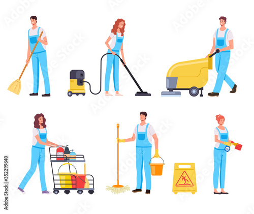 Cleaning people team characters isolated set. Vector flat cartoon graphic design illustration