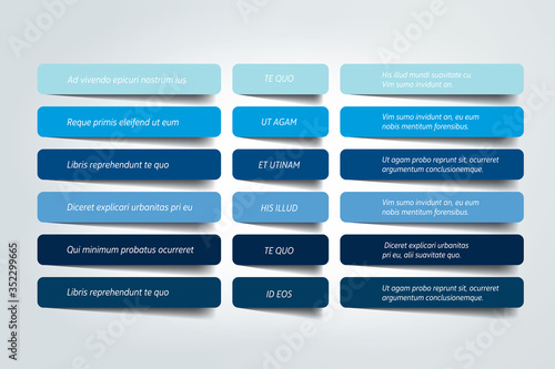 Table, schedule design template with 6 row. Vector banner.