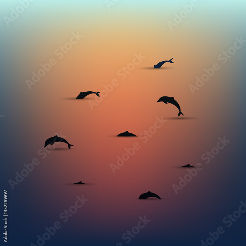 Dolphins over the water at sunset, seascape. Minimalistic scenery. Vector.