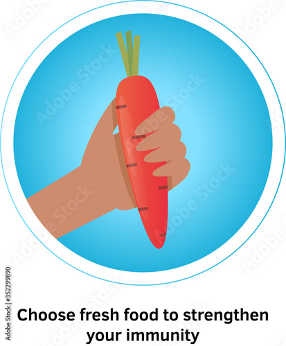 Healthy food concept. Hand hold a carrot, as a symbol of a healthy diet. Veggie food, eat vitamins. Vector illustration flat design. Isolated on white background. Immune system immunity strengthen