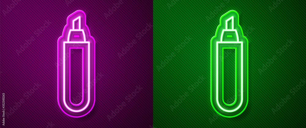 Glowing neon line Marker pen icon isolated on purple and green background. Vector Glowing neon line Marker pen icon isolated on purple and green background. Vector