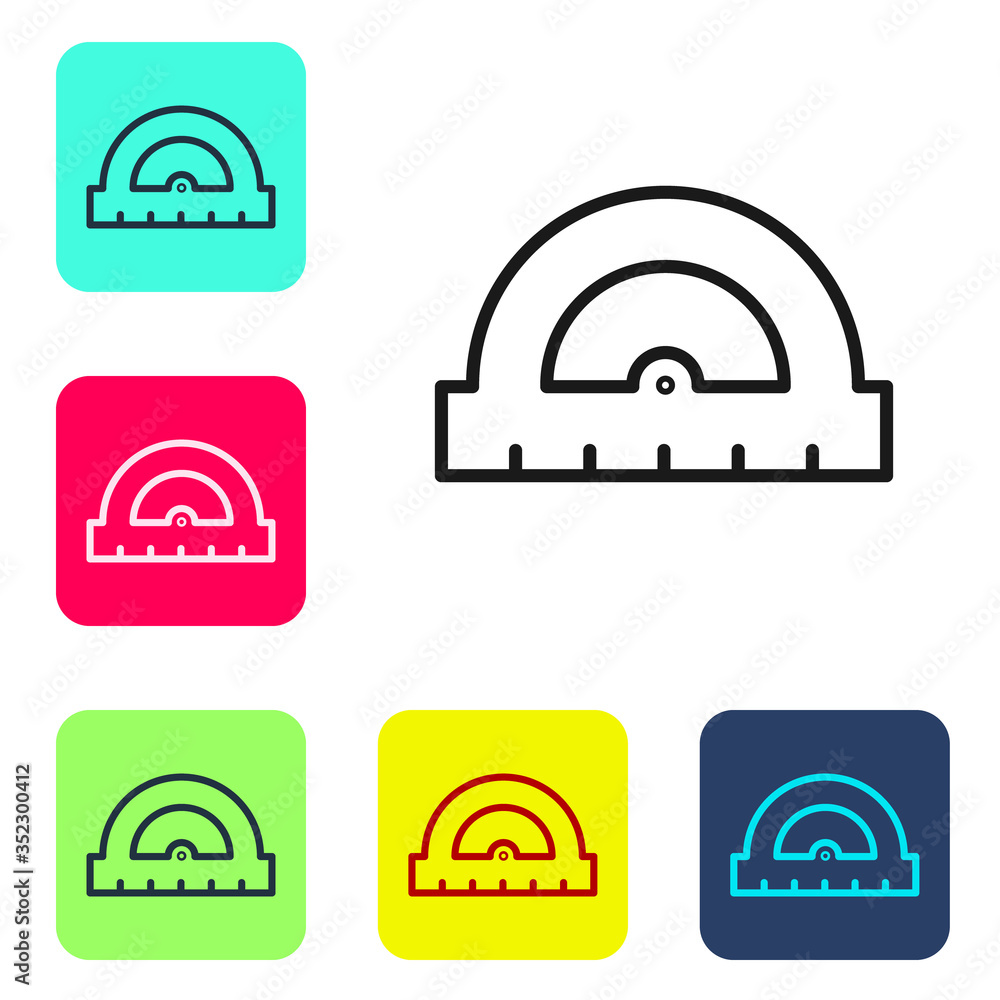 Black line Protractor grid for measuring degrees icon isolated on white background. Tilt angle meter. Measuring tool. Geometric symbol. Set icons in color square buttons. Vector Black line Protractor grid for measuring degrees icon isolated on white background. Tilt angle meter. Measuring tool. Geometric symbol. Set icons in color square buttons. Vector