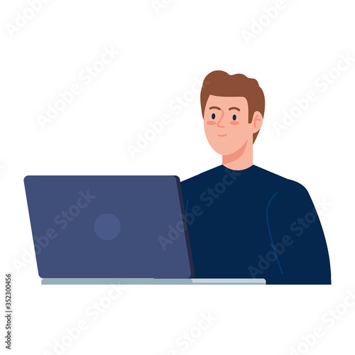 young man handsome with laptop isolated icon vector illustration design