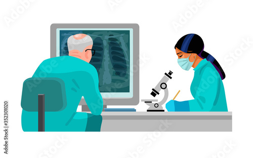 Doctor looking at computer with lungs x-ray picture. Woman assistant looking through microscope. Vector illustration.