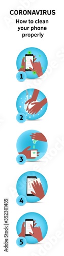 Clean your phone device flat design cartoon vector style illustration. A poster with coronavirus preventive measures. Disinfect virus surfaces idea. Hands wiping a smartphone screen with sanitizer
