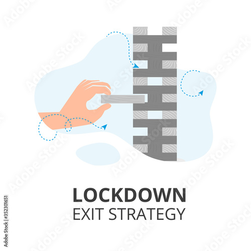 Vector flat illustration of lockdown exit strategy concept. Hand playing wood wooden blocks board game. Quarantine, lifting lockdown plan. Vector flat style illustration. Coronavirus, Covid, economy