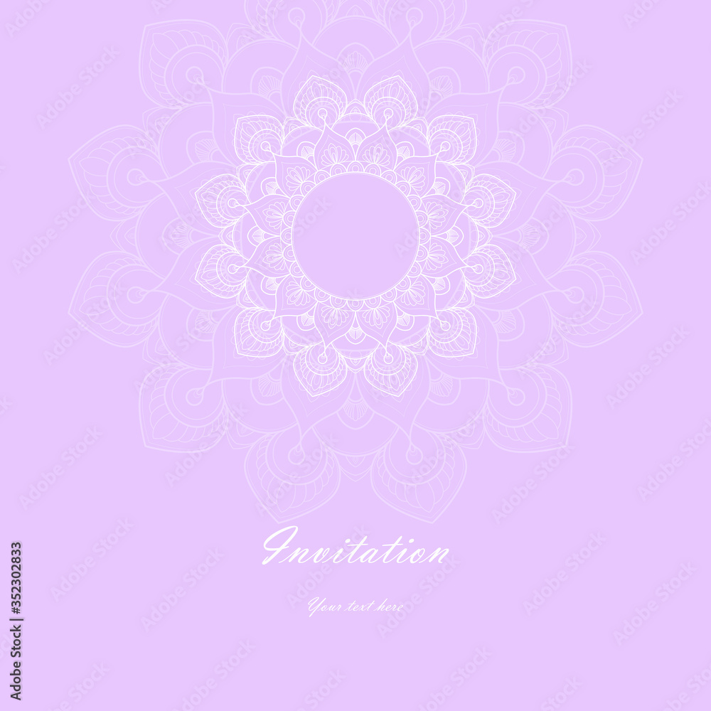 Pink and white Invitation Card with mandala ornament. Card template for Wedding invitation or Birthday greeting card. Vector illustration Pink and white Invitation Card with mandala ornament. Card template for Wedding invitation or Birthday greeting card. Vector illustration