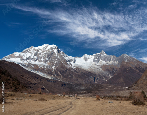 View of Manaslu Mount in Manaslu Conservation Area in the Nepal Himalaya