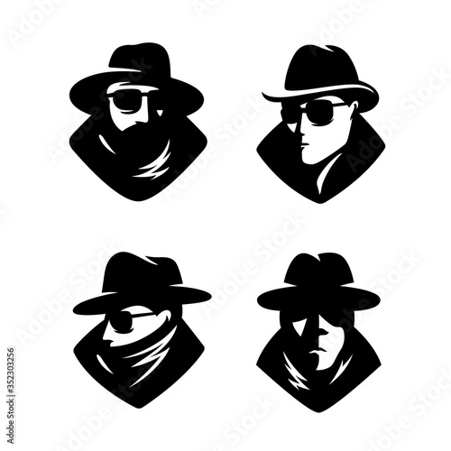 Private detective men in hats mascot set. Vector illustration.