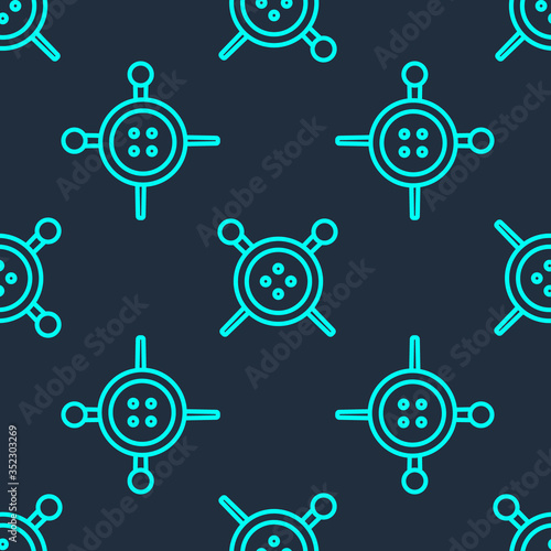 Green line Sewing button and knitting needles icon isolated seamless pattern on blue background. Clothing button. Vector Illustration © Kostiantyn